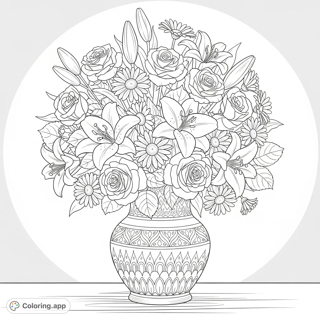 Discover a beautiful floral arrangement coloring page featuring a lavish bouquet in a decorative vase. Perfect for relaxation and creative expression.