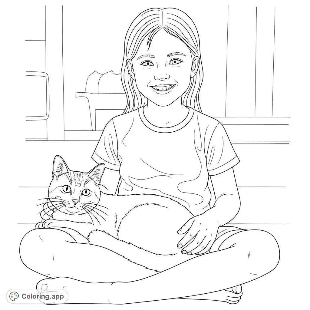 A delightful coloring page featuring a smiling girl in a t-shirt and shorts, gently holding a cat on her lap. Perfect for animal lovers and creative minds!