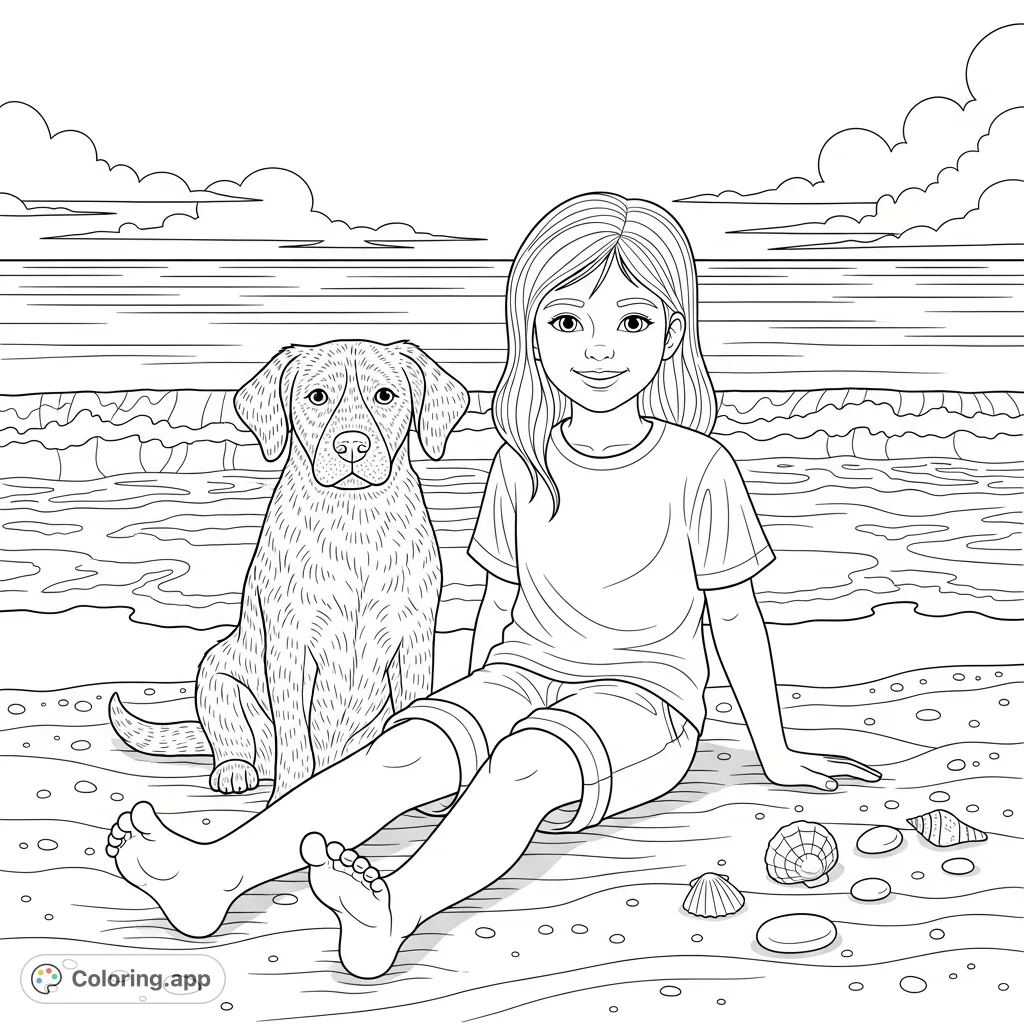 A joyful girl and her furry dog friend enjoy a sunny day at the beach, smiling at the camera, perfect for a relaxing and heartwarming coloring session.