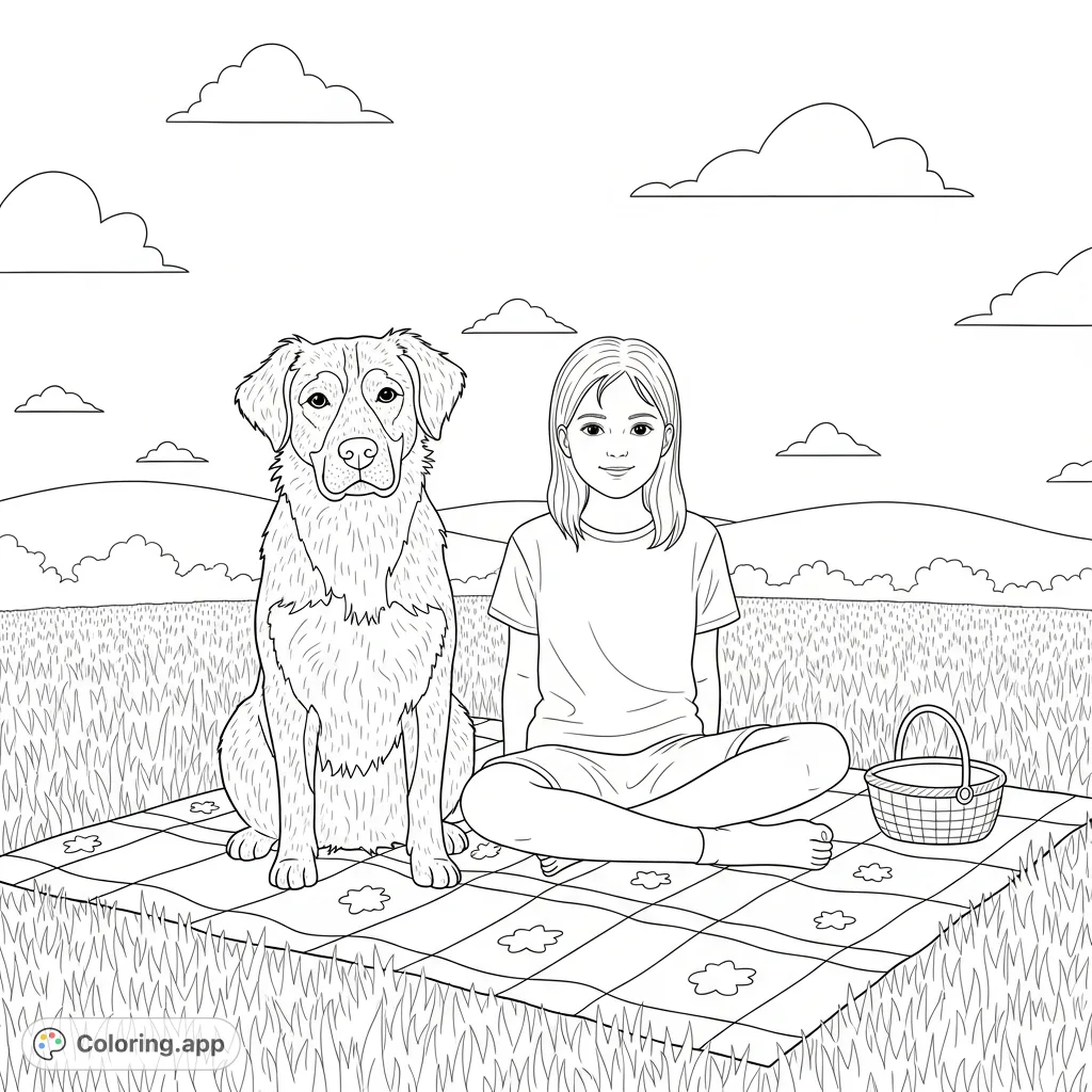 A charming free printable coloring page featuring a girl and her loyal dog enjoying a peaceful picnic on a patterned blanket under an open sky.