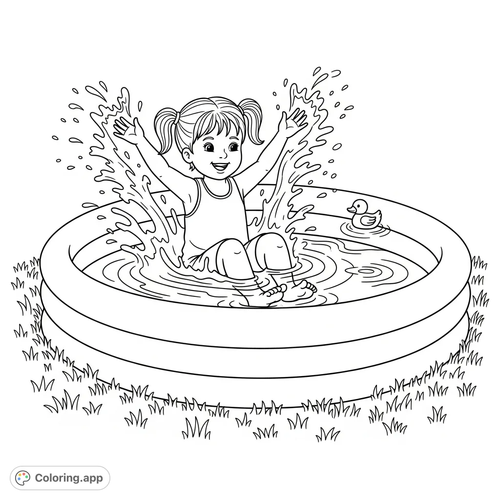 A cheerful young girl enjoys a refreshing splash in a round paddling pool, surrounded by water ripples and a floating toy. Perfect for summer fun!