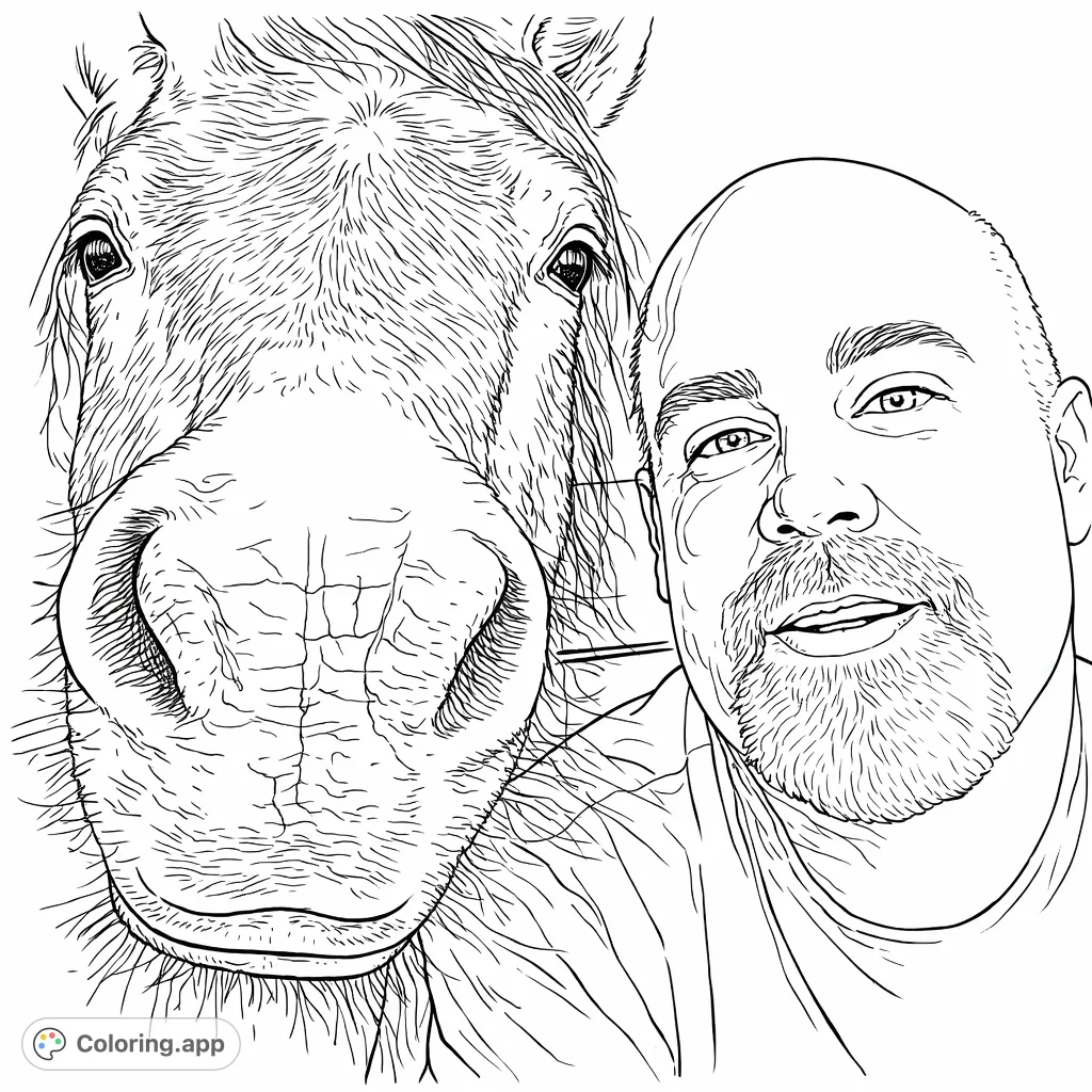 An engaging close-up portrait of a friendly man and his equine companion. This unique horse and man coloring page offers a charming scene to bring to life.