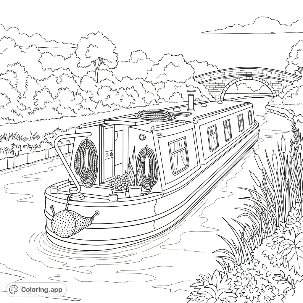 Experience the tranquility of a traditional canal boat on a scenic waterway. This detailed canal boat coloring page invites you to unwind and explore your creativity.