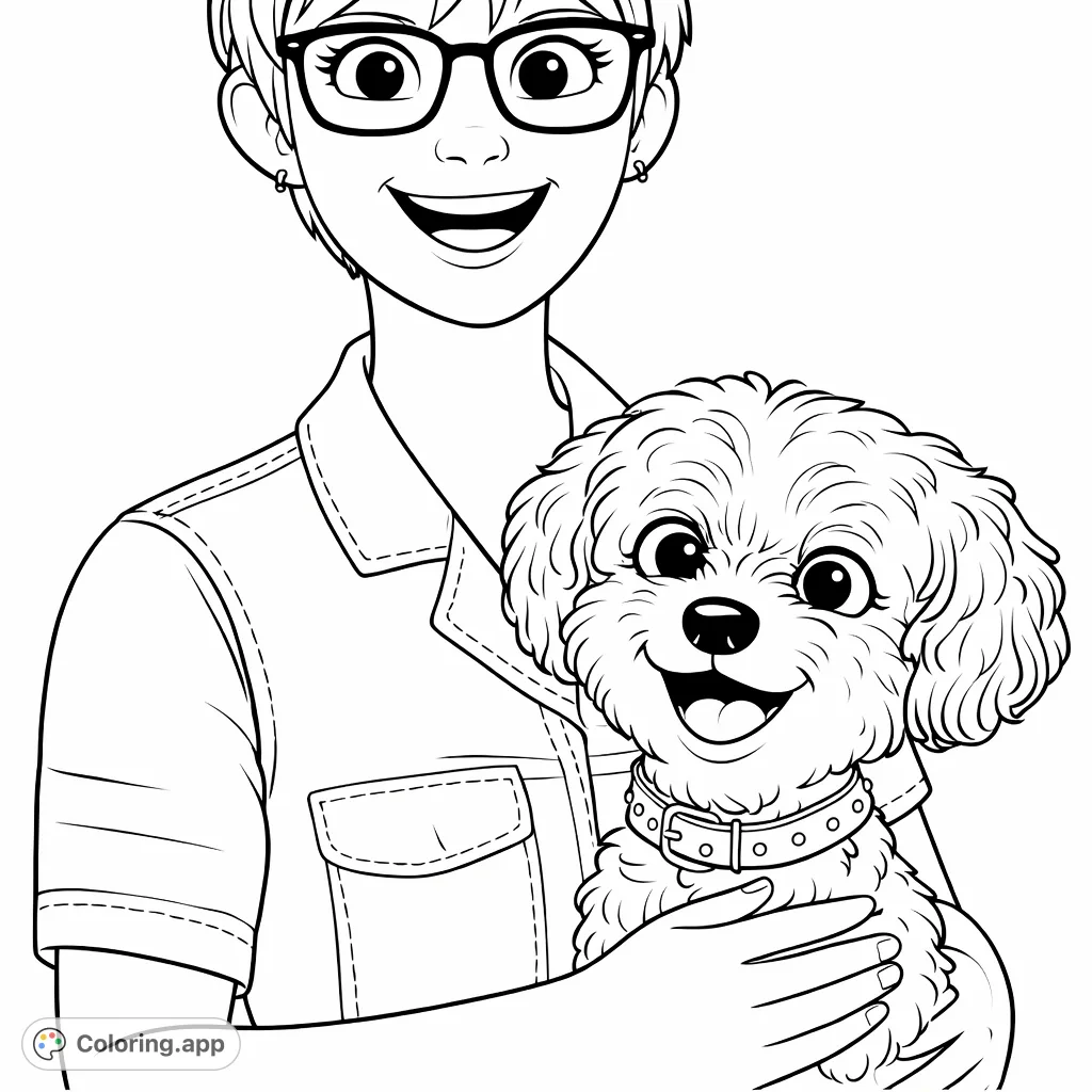 A delightful coloring page featuring a cheerful person with glasses holding an adorable, fluffy dog, both sharing joyful expressions against a soft background.