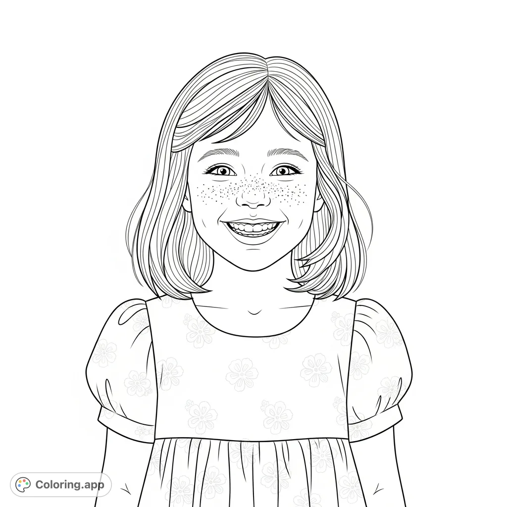 A charming young girl with a cheerful smile, shoulder-length hair, and lovely freckles in a delightful dress, ready for creative coloring.