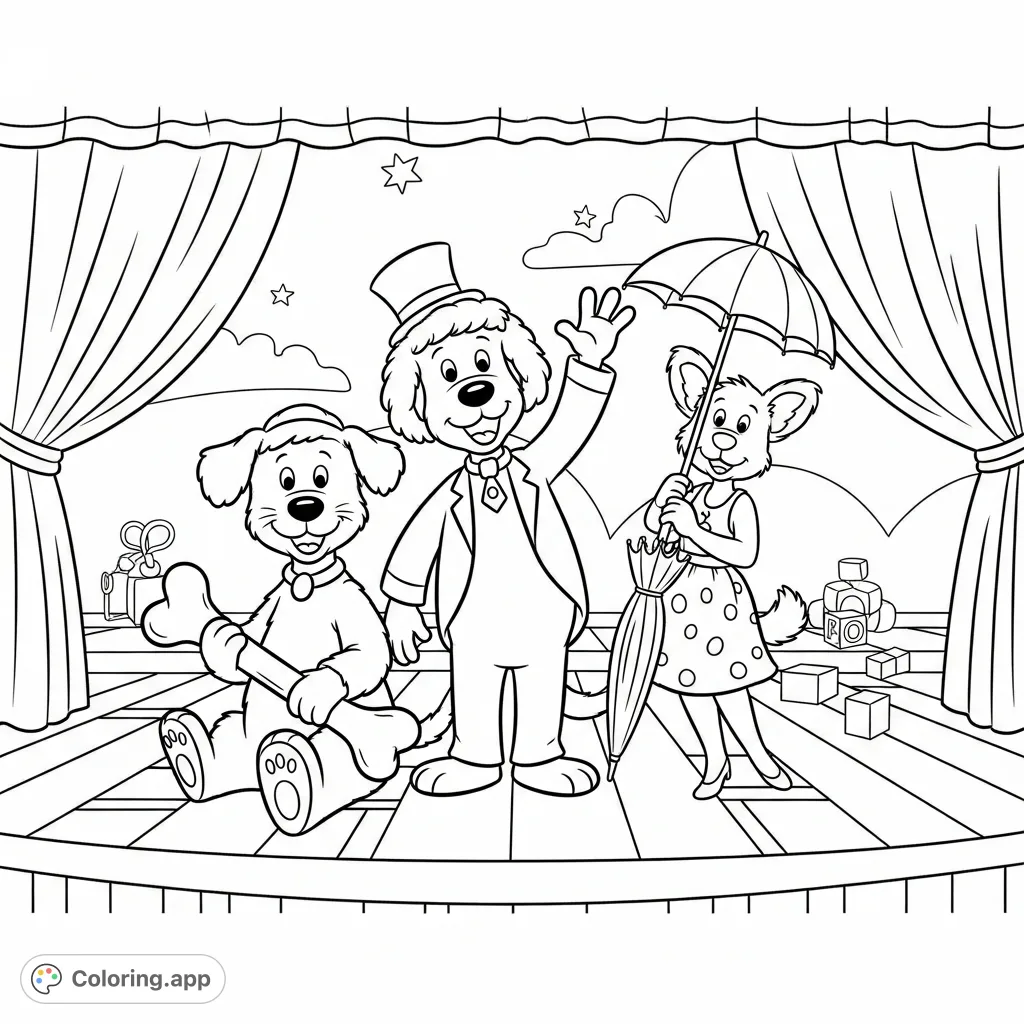 Join Sooty, Sweep, and Soo in a delightful coloring adventure! This free printable features the beloved trio in a playful stage setting.