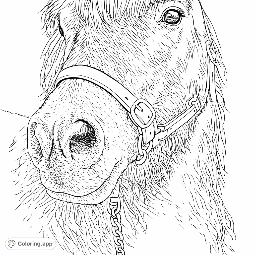 Discover a charming pony close-up, complete with a detailed halter and sandy nose, set against a soft outdoor backdrop. Perfect for animal lovers!