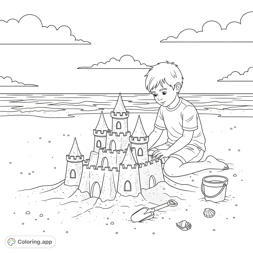 A cheerful young boy constructs a detailed sandcastle on a wide sandy beach, complete with a shovel and bucket. Perfect for a relaxing seaside coloring activity.
