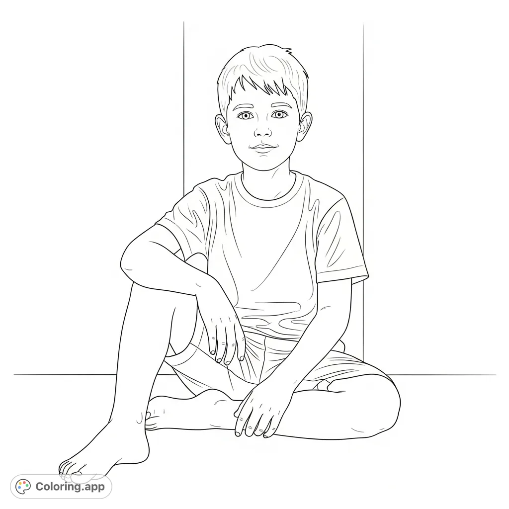 A charming coloring page of a boy in a t-shirt and shorts, sitting casually and looking forward, perfect for young artists to express creativity.
