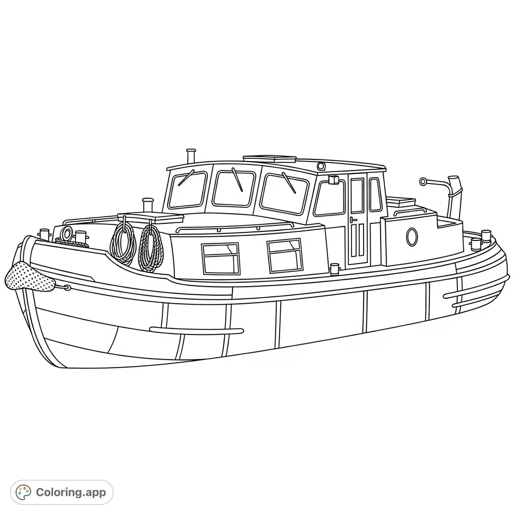 Explore the charm of a traditional canal boat. This detailed vessel features a cozy cabin, windows, and ropes, offering a delightful and relaxing coloring experience.