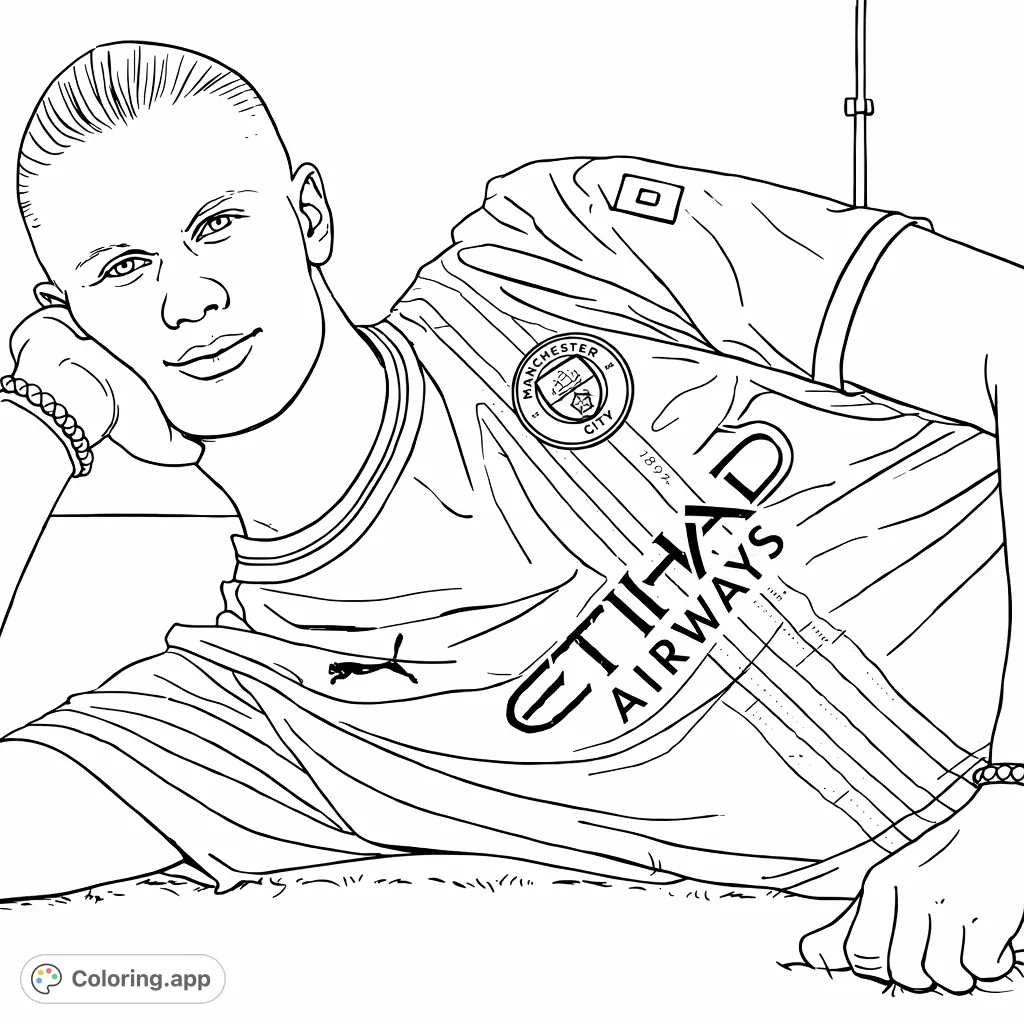 Dynamic soccer star rests on a grassy field, wearing his team jersey. Perfect for fans to color, capture his iconic look, and celebrate the spirit of sport.