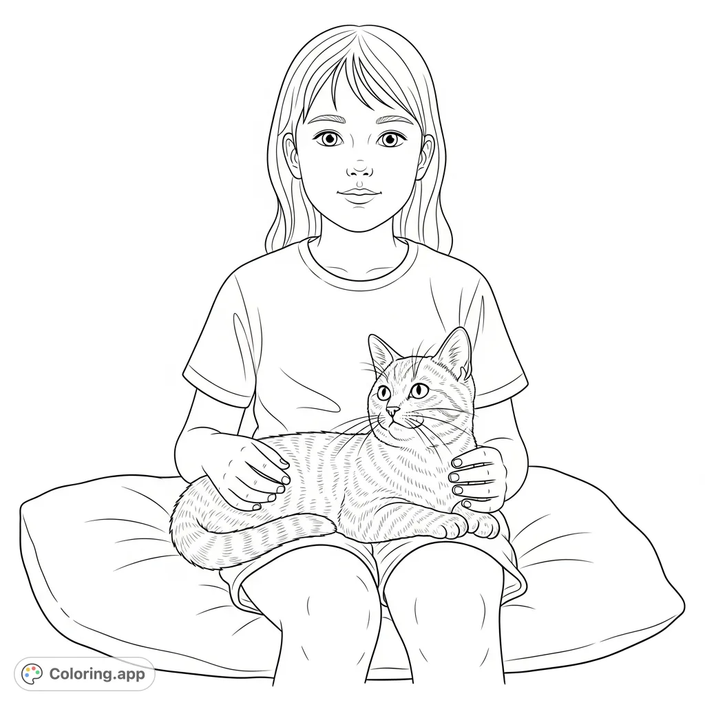A charming coloring page featuring a young girl gently holding her beloved cat. Perfect for a cozy creative session with this heartwarming girl and cat coloring page.