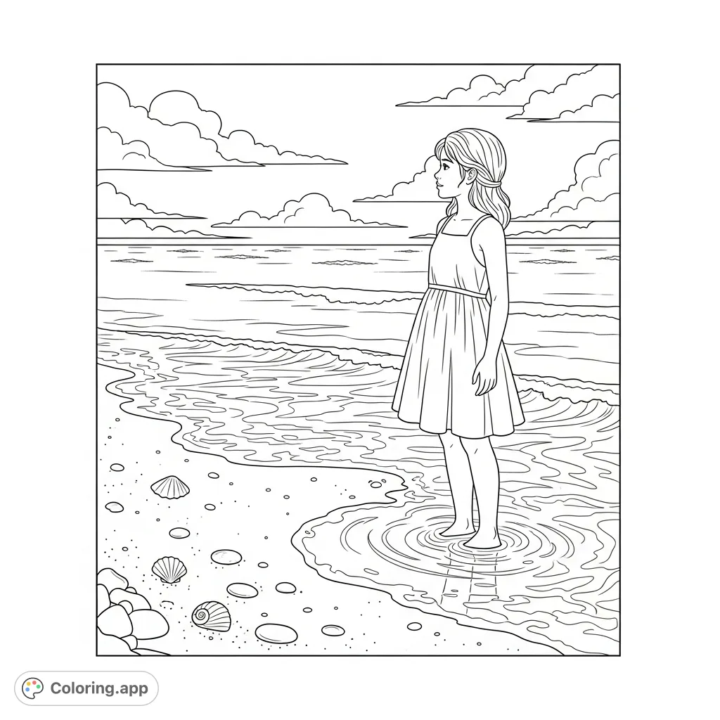 Discover a tranquil beach scene featuring a girl by the ocean, perfect for relaxation. A free printable beach coloring page for all ages!