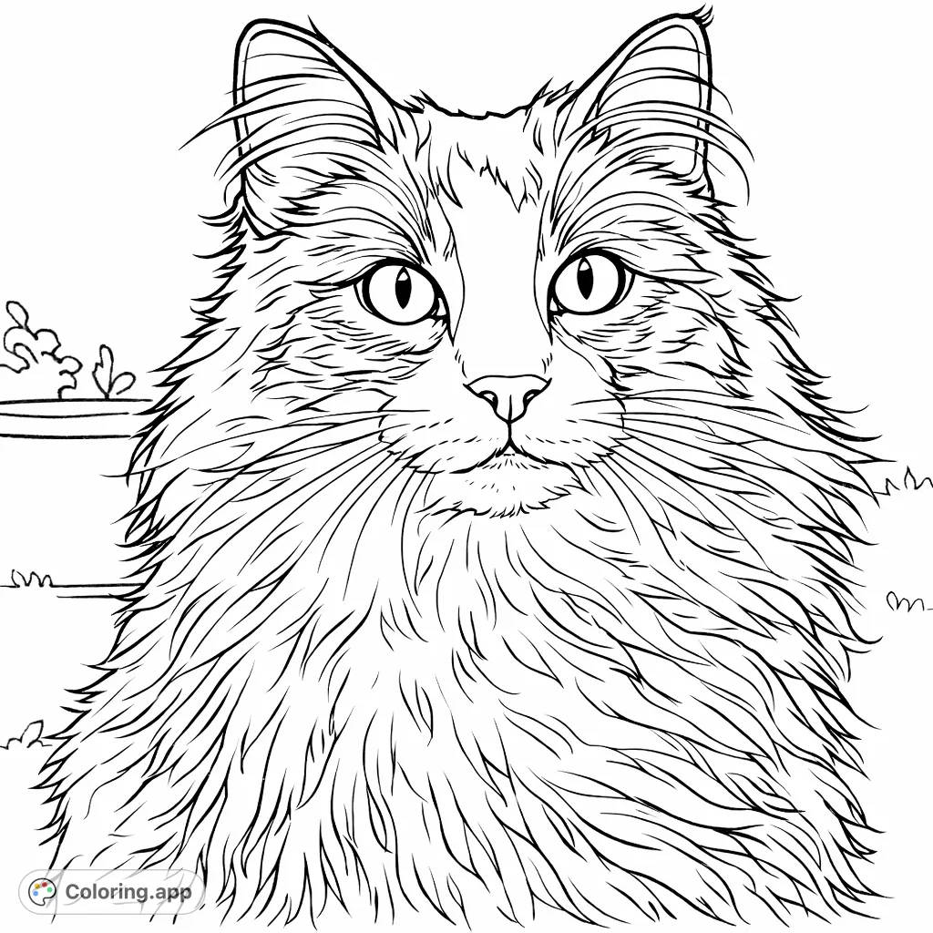 Capture the charm of a majestic long-haired cat with this delightful coloring page. Perfect for pet lovers, featuring intricate fur and expressive eyes.