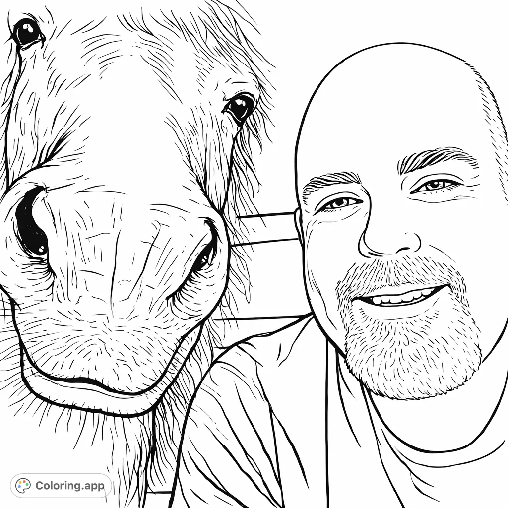 Enjoy coloring this heartwarming scene of a man and a friendly pony sharing a close moment. Perfect for animal lovers!