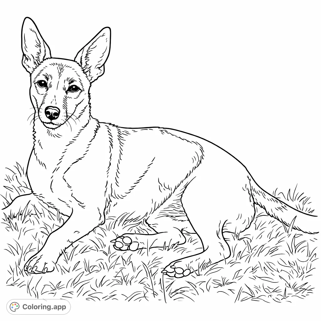 A charming small dog with expressive ears rests peacefully on a grassy field, perfect for a relaxing dog coloring page experience. Free printable coloring page fun!