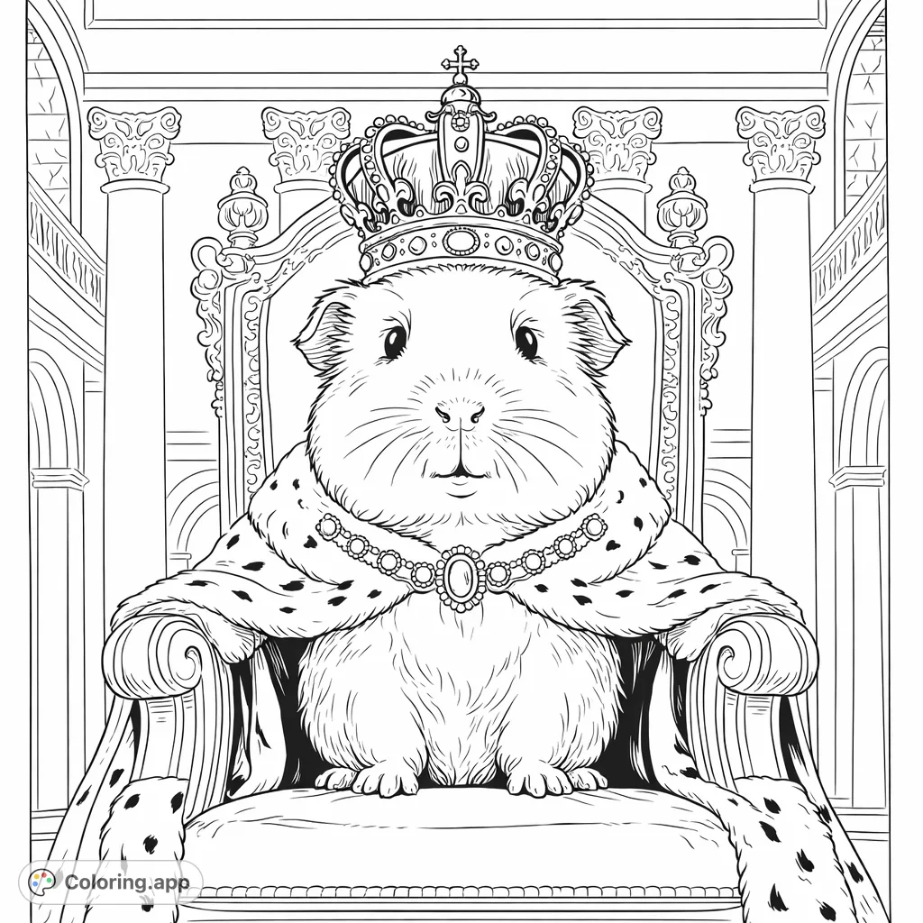 Color a majestic guinea pig king in his opulent palace. This intricate design features a regal animal, grand crown, and ornate throne.