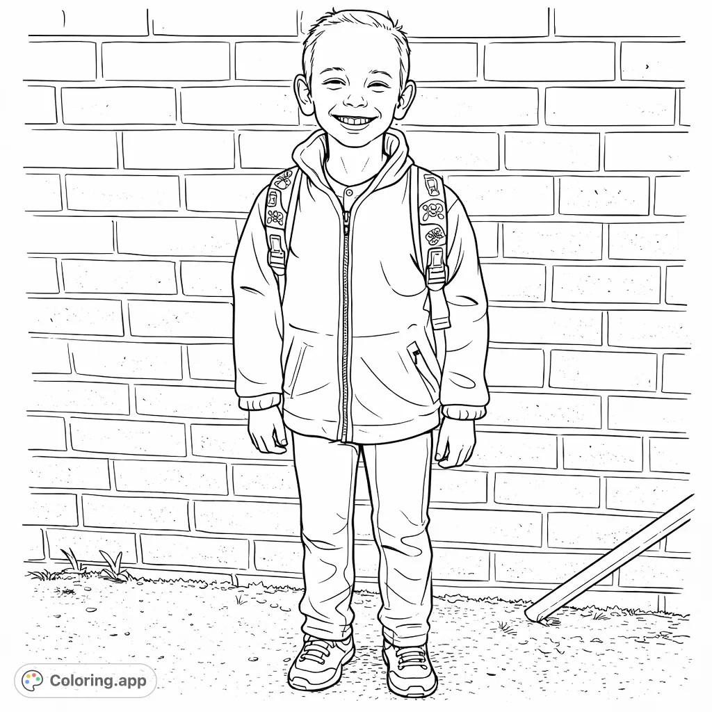 A cheerful child with a backpack stands ready for school against a brick wall. Perfect for young colorists to express creativity with a school theme.
