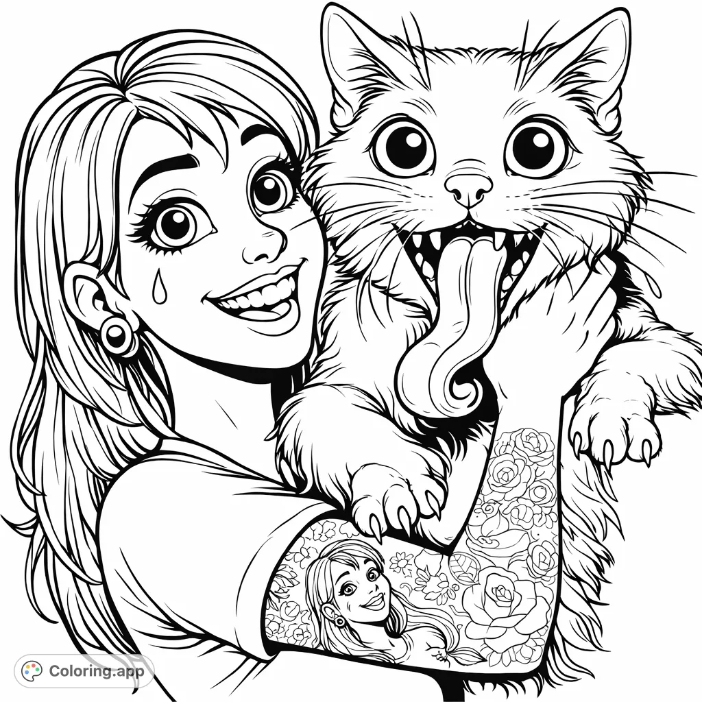 A delightful coloring page of a smiling woman embracing her whimsical, fanged feline friend, featuring intricate tattoos. Free printable coloring page fun!