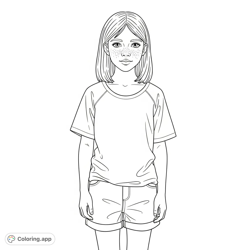 A charming coloring page featuring a young girl with shoulder-length hair, a t-shirt, shorts, and playful freckles. Perfect for personalization.