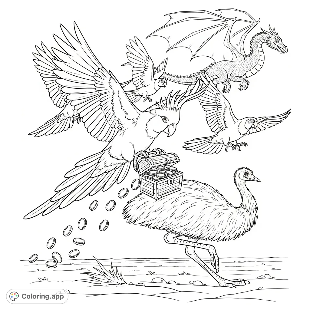 An epic fantasy adventure coloring page featuring a King Rumped Parrot carrying a treasure chest, pursued by an emu, with a dragon overhead. An exciting free printable coloring page!
