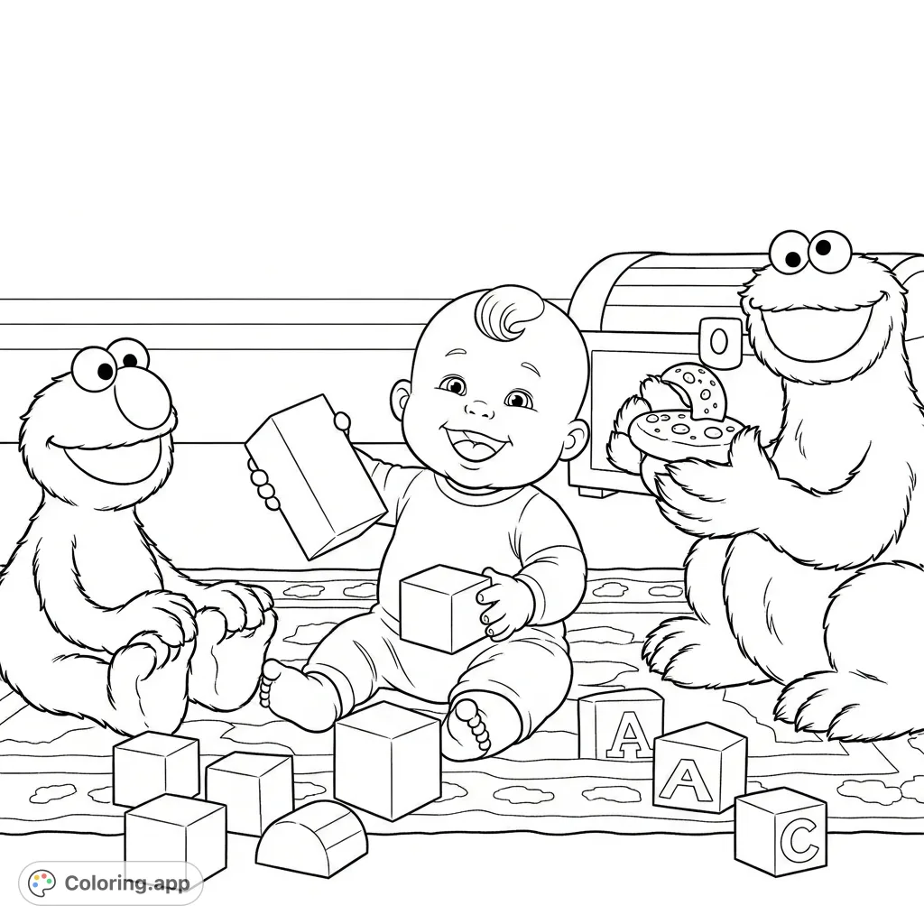 A delightful scene featuring a baby boy happily playing with building blocks alongside his beloved friends Elmo and Cookie Monster, perfect for joyful coloring.