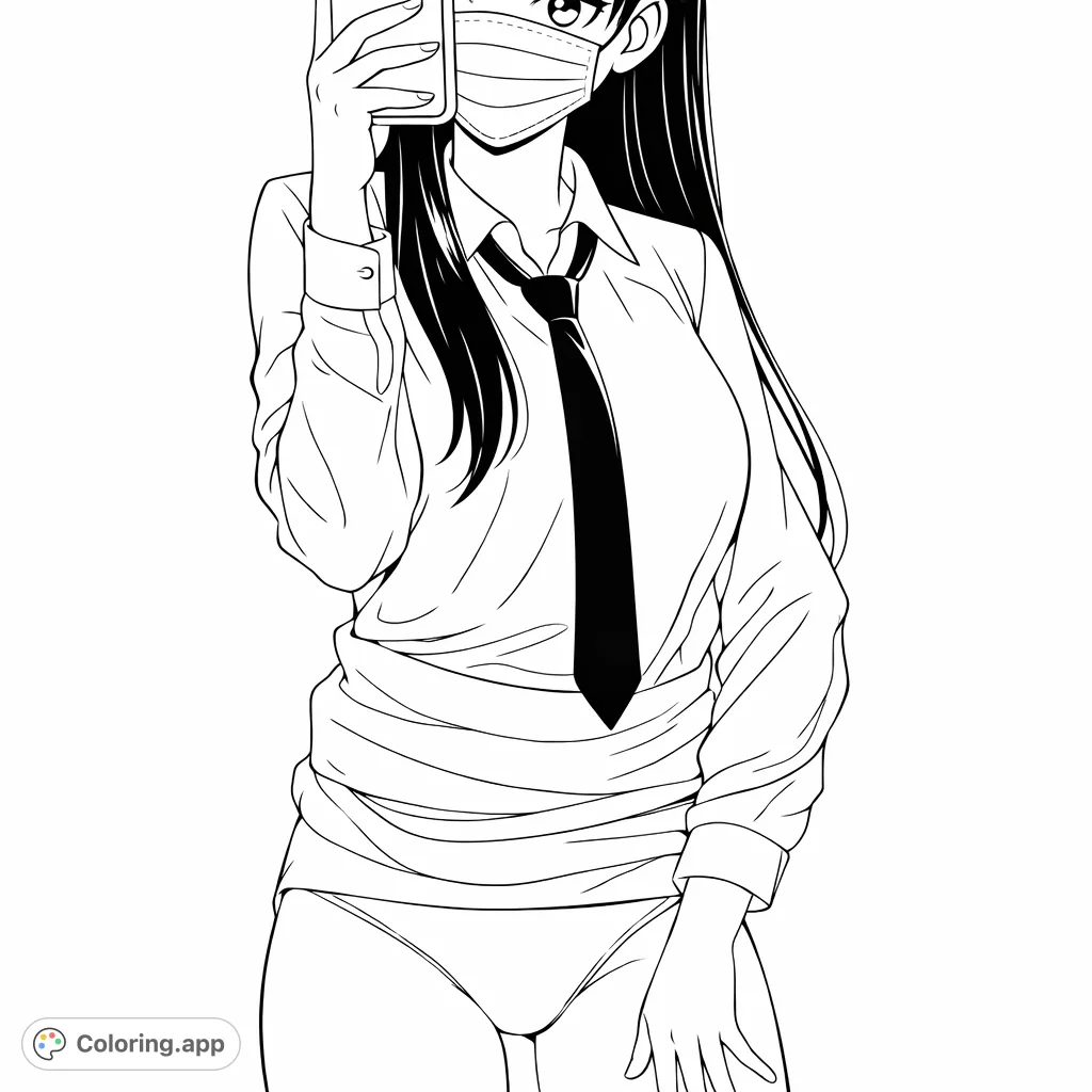 An anime-style character in a shirt, tie, and mask takes a selfie. A modern and expressive design for creative coloring.