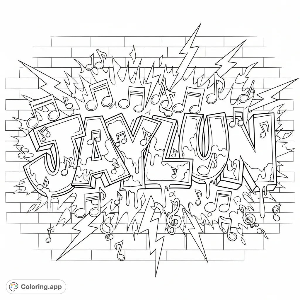 Unleash your creativity with this dynamic JAYLUN graffiti artwork on a brick wall, featuring bubble letters, music notes, flames, and lightning bolts.