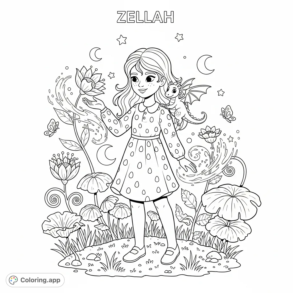 Meet Zellah, a delightful 9-year-old girl, exploring a magical garden with blooming flowers and fluttering butterflies. A charming free printable coloring page for kids.