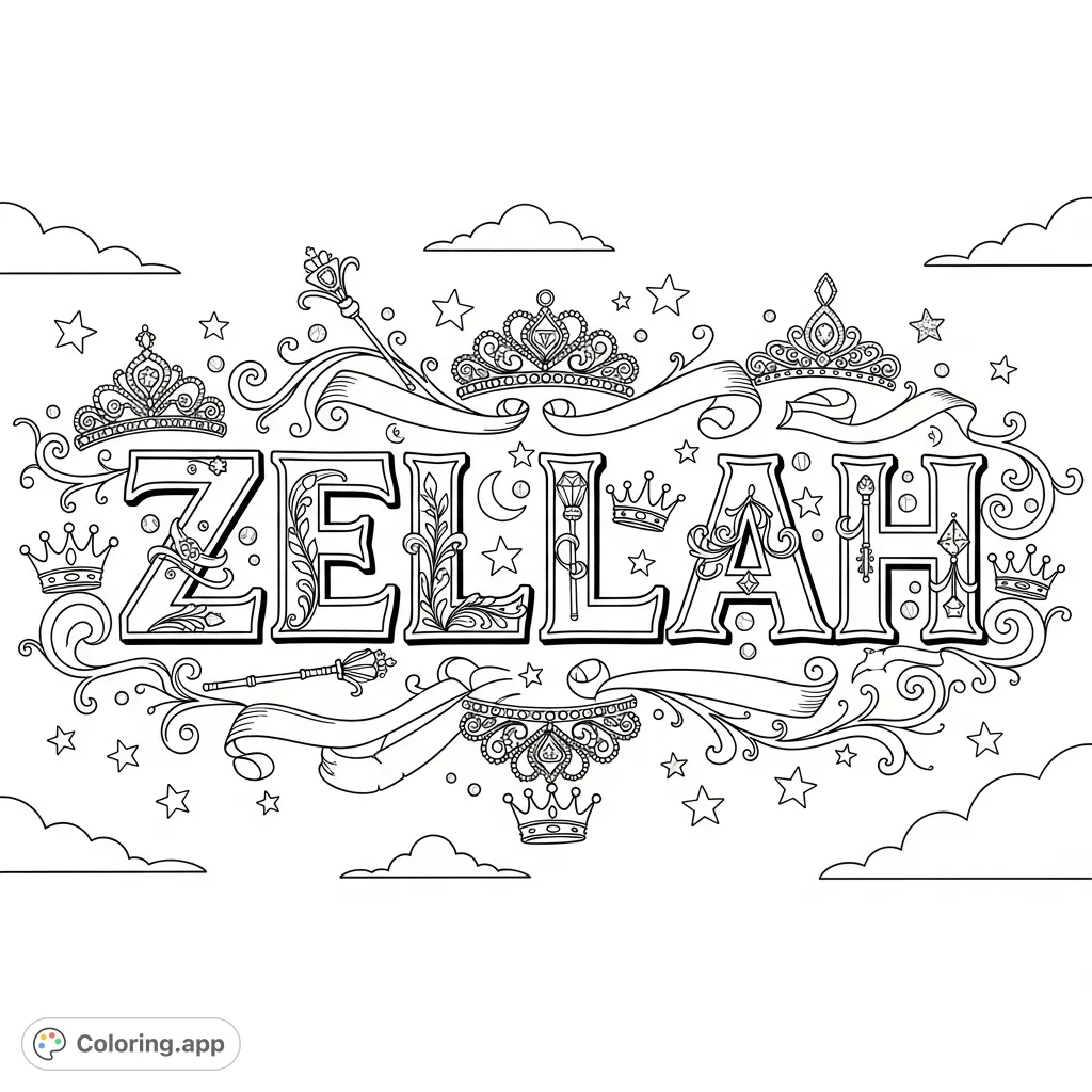 A princess-themed "ZELLAH" coloring page, featuring ornate script, delicate tiaras, crowns, stars, and graceful ribbons. Perfect for personalized projects!