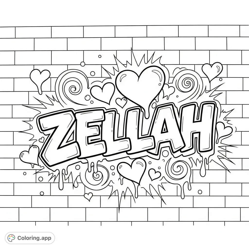 Dynamic graffiti art featuring "ZELLAH" in bold bubble letters with drips, surrounded by hearts, swirls, and starbursts on a textured brick wall.