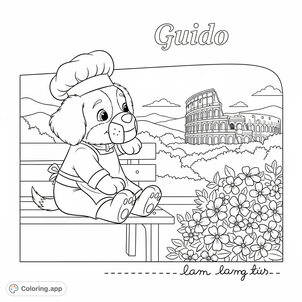 Join Guido, the cute puppy in a chef's hat and apron, as he enjoys a scenic view of Rome's iconic Colosseum. A delightful Italian puppy coloring page!