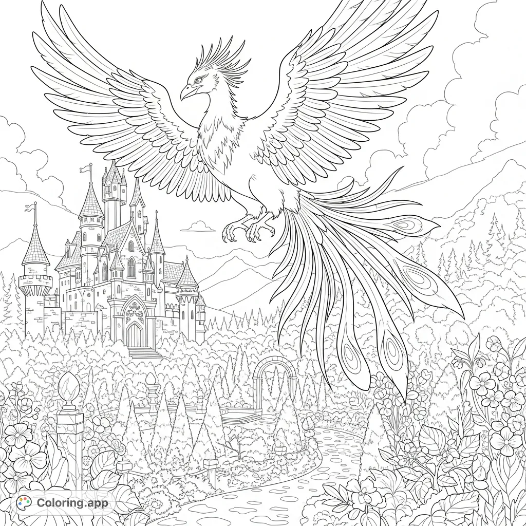 A majestic phoenix with powerful wings soars over an enchanted castle and its hidden secret garden. A fantasy adventure coloring page.