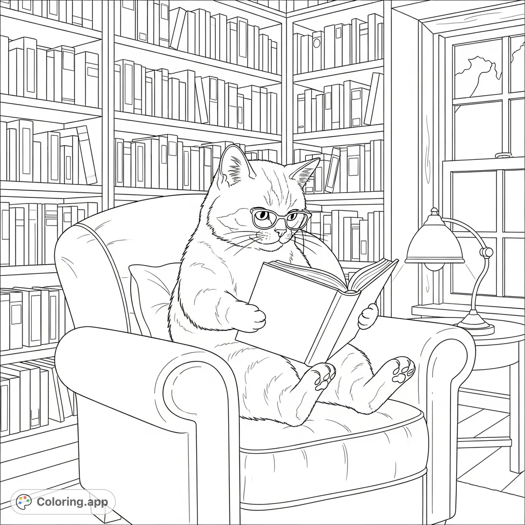Discover a charming cat engrossed in a book within a peaceful library. This free printable cat reading book coloring page is perfect for all ages!