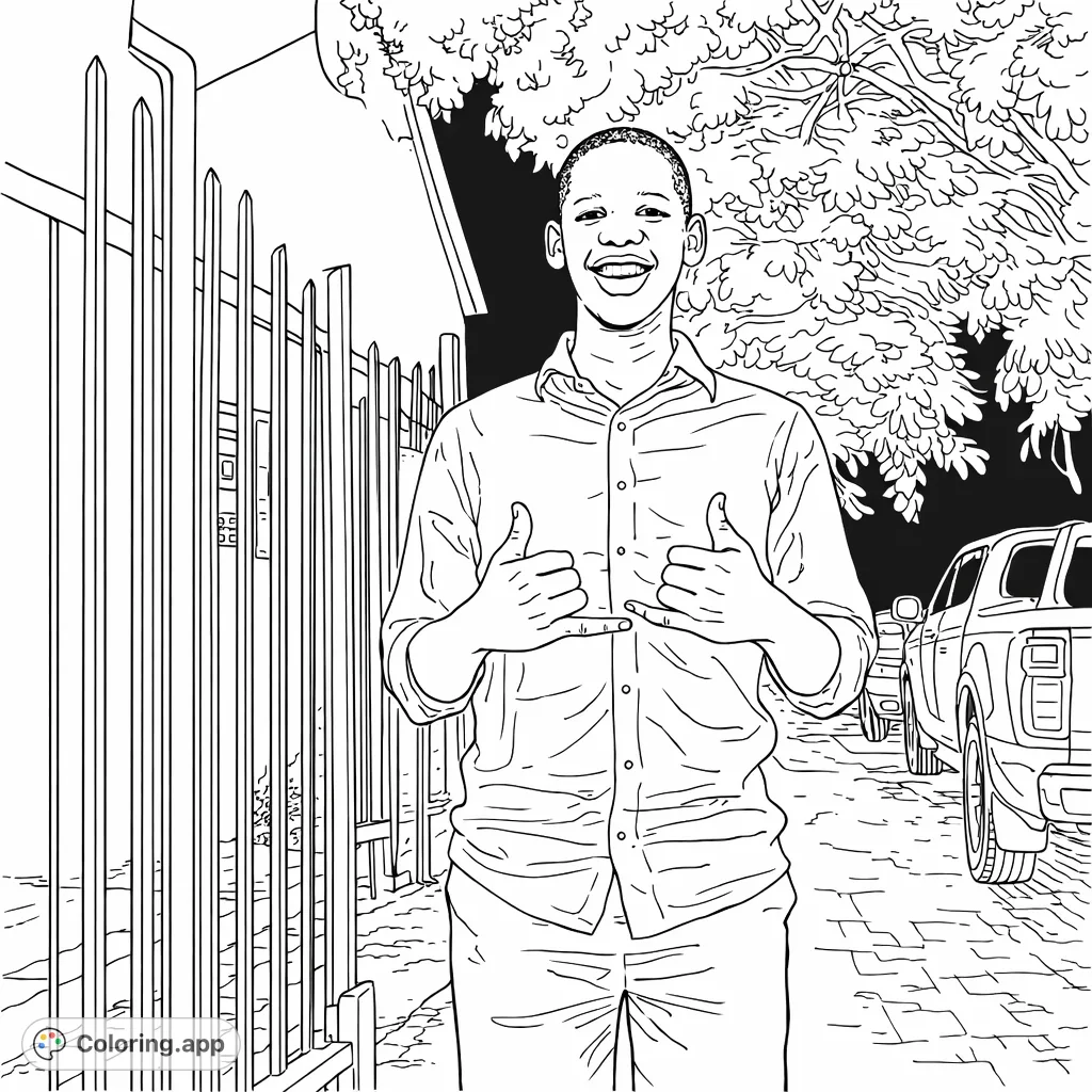 A cheerful young man flashes shaka signs, inviting creativity. This free printable coloring page offers engaging details from his attire to the surrounding urban nature.
