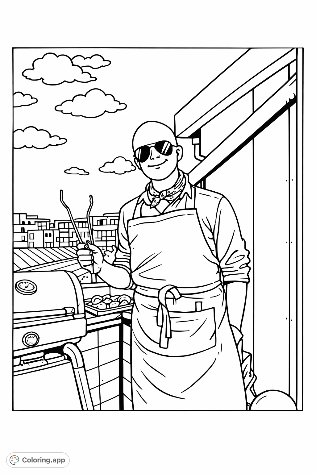 Get ready for fun with this cartoony grilling coloring page! A person in an apron and shades holds tongs by a grill with food, celebrating outdoor cooking.