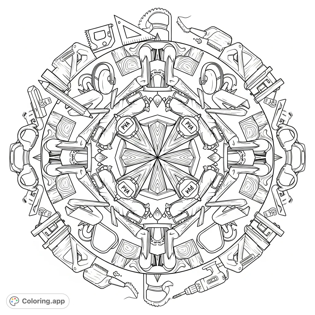 An intricate mandala design crafted from various workshop tools and wood elements, offering a unique construction-themed coloring challenge for enthusiasts.