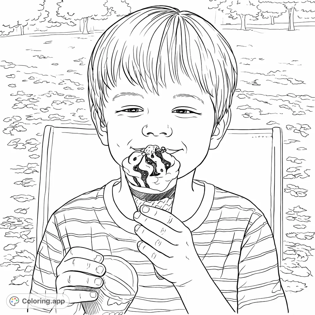 Capture the pure joy of a child enjoying an ice cream cone. This delightful page features a happy child with a swirled treat and a patterned shirt, perfect for young artists.