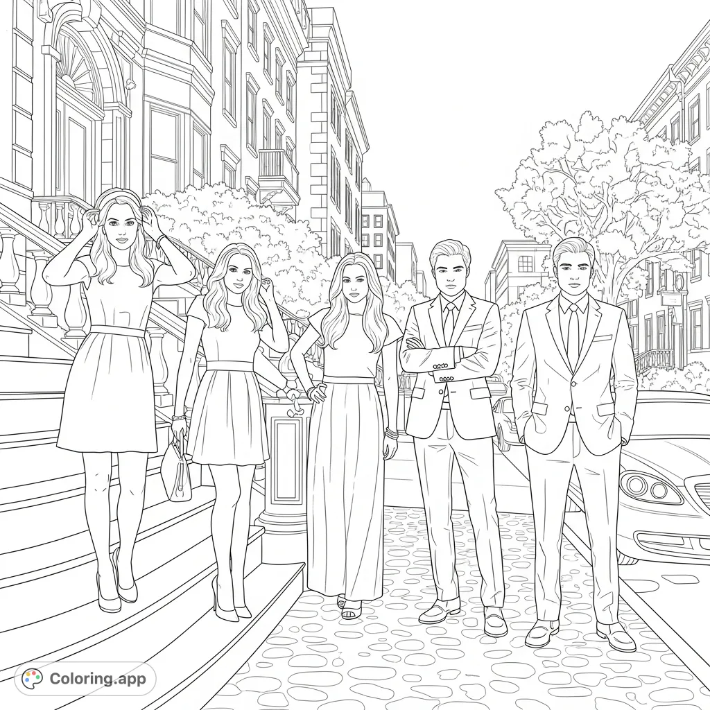 Step into the glamorous world of the Upper East Side elite with Blair, Serena, Chuck, Nate, and Dan. A sophisticated Gossip Girl coloring page.