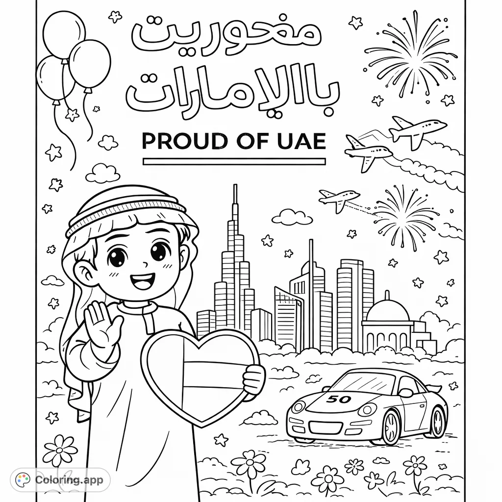 Celebrate UAE pride with this detailed coloring page featuring a happy child, iconic cityscapes, festive fireworks, and patriotic symbols.