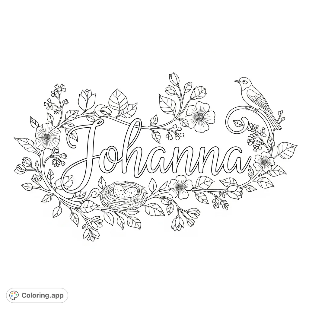 An intricate "Johanna" name coloring page with elegant cursive script, winding vines, diverse blooming flowers, detailed foliage, a hidden nest with eggs, and a perched nightingale.