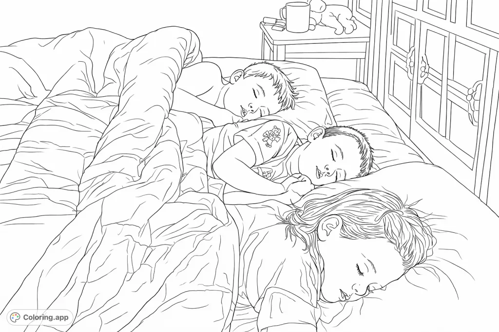 Capture the serenity of three children peacefully sleeping under soft covers. This cozy scene invites calm and creativity, perfect for quiet reflection.