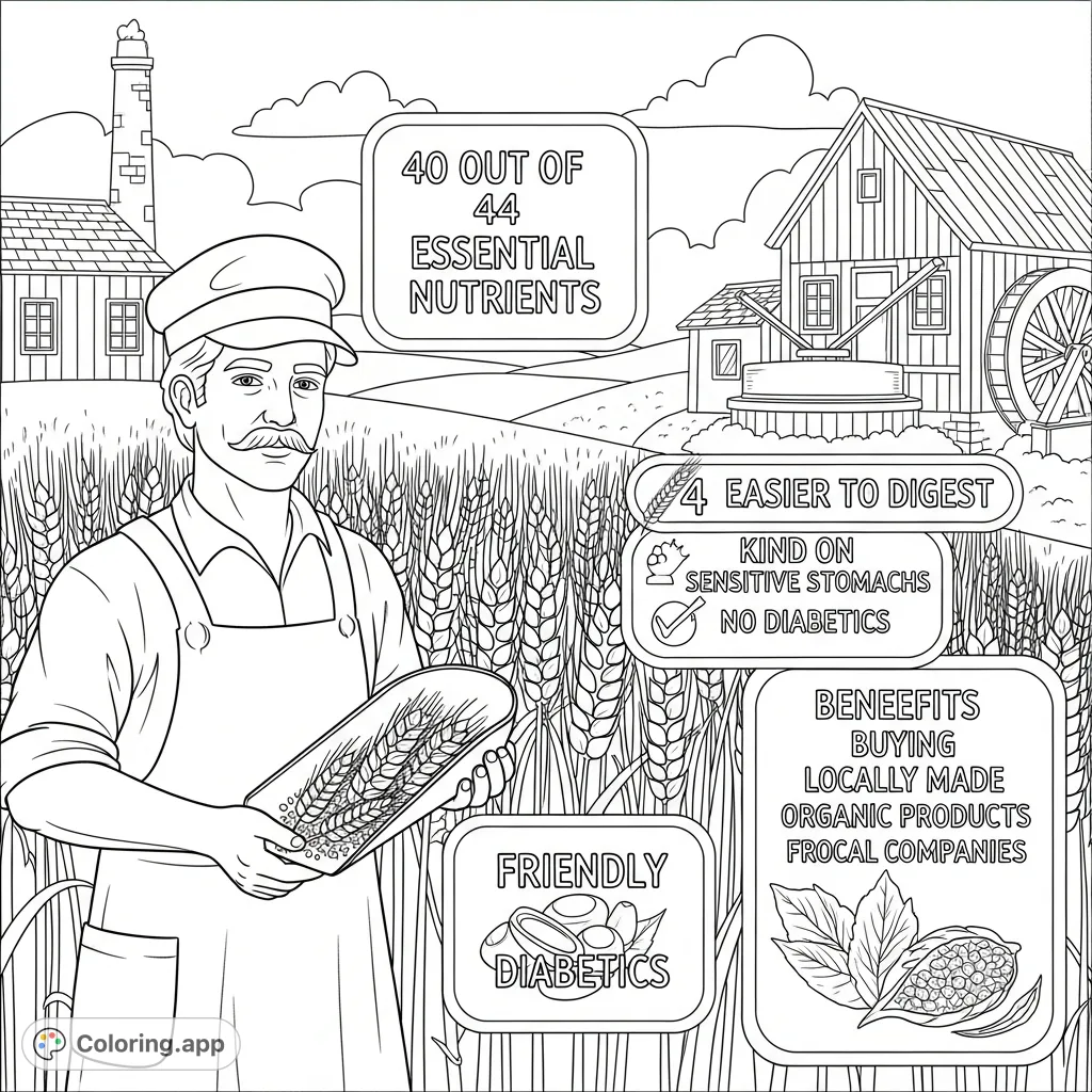 Discover the health benefits of fresh milled flour and local organic products with this detailed, informative coloring page featuring a miller and wheat field.