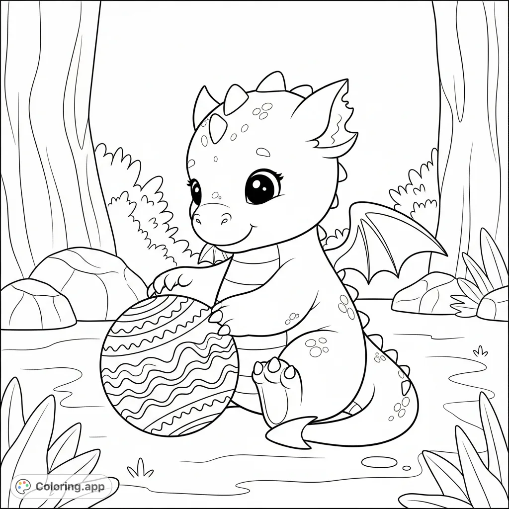 Color a charming baby dragon batting at a textured toy in a whimsical setting. A delightful fantasy creature scene perfect for relaxation.