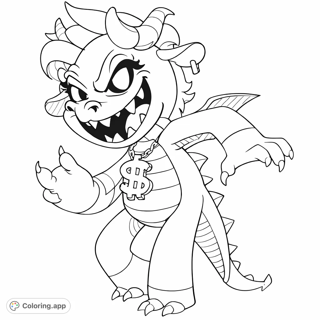 Color this mischievous dragon creature with a wide grin, sharp claws, and a prominent dollar sign pendant. A fun and engaging page for fantasy fans.