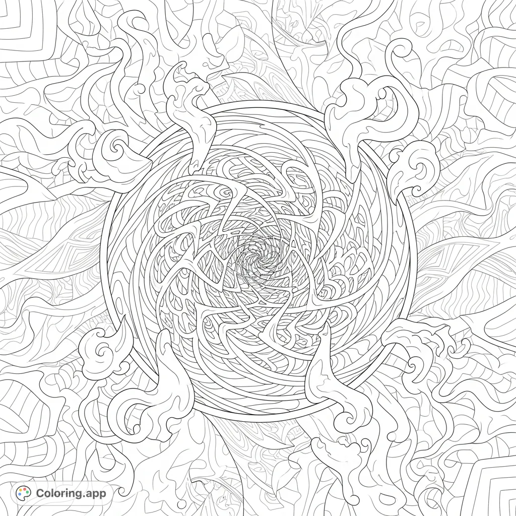 Immerse yourself in a cosmic journey with this dimensional portal coloring page. Features hypnotic abstract forms, swirling smoke, and dynamic otherworldly patterns.
