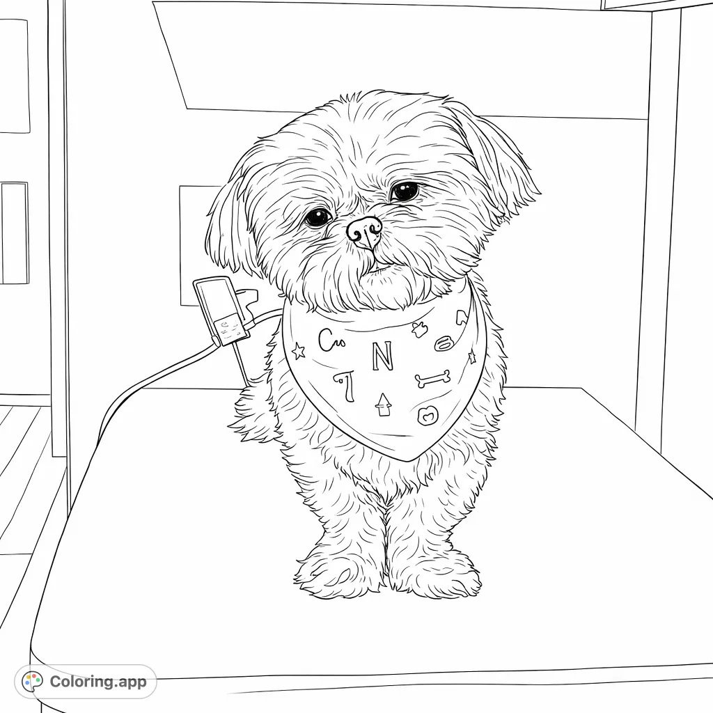 A charming fluffy dog sits patiently, wearing a patterned bandana, ready to be brought to life with your favorite colors. Perfect for pet lovers!