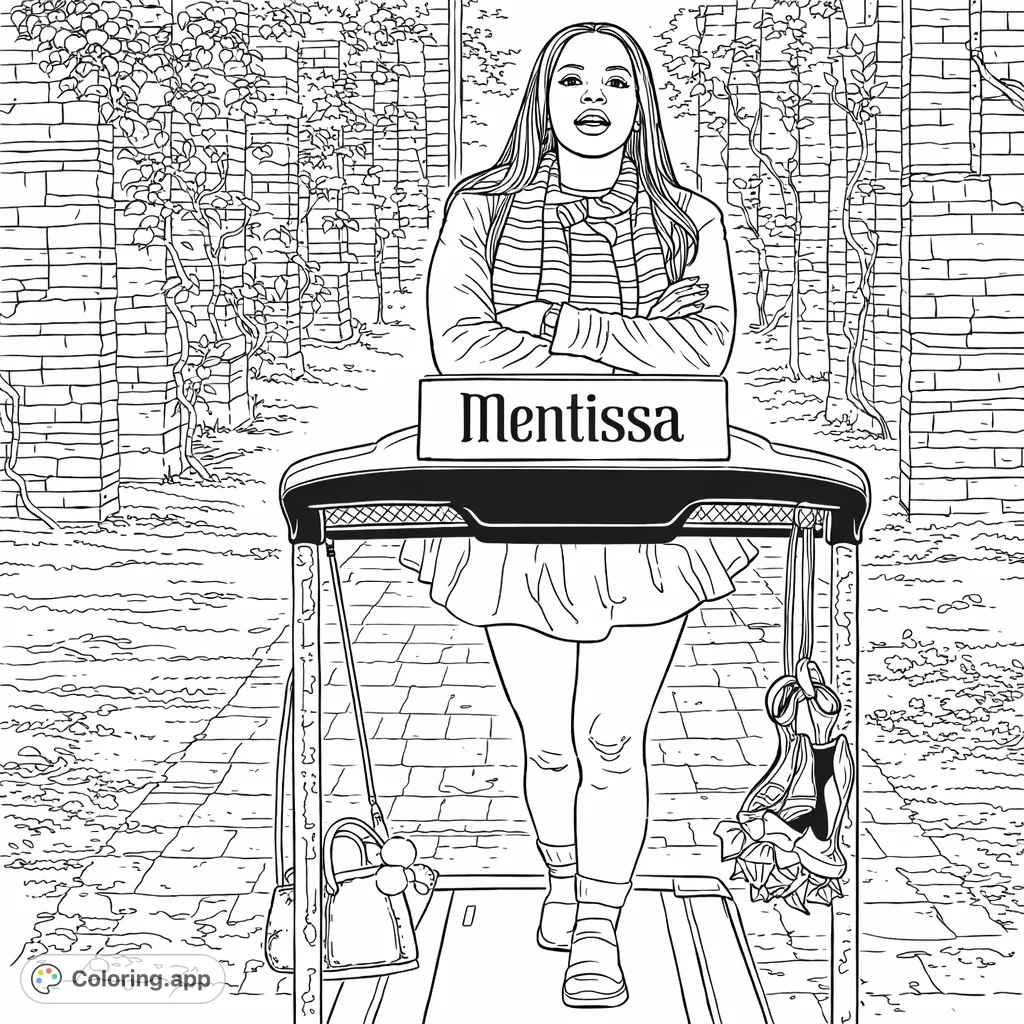 A stylish woman leans on a treadmill outdoors, featuring architectural elements and foliage. Perfect for fashion and urban scene enthusiasts.