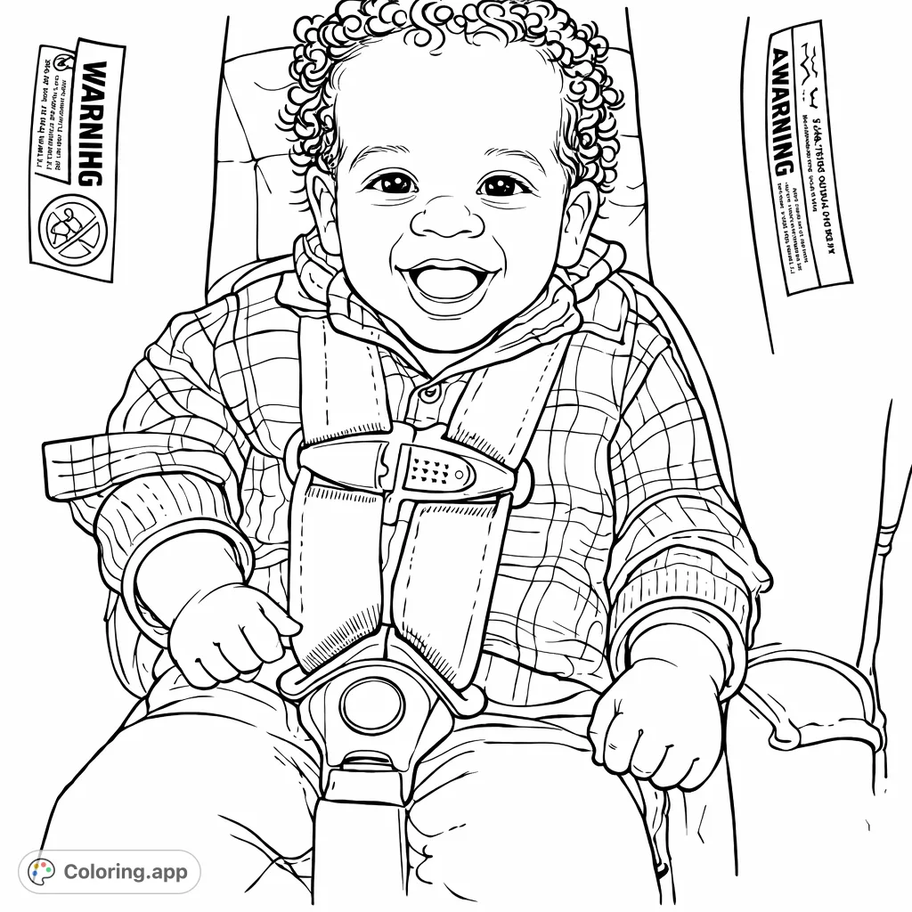 A heartwarming baby coloring page featuring a smiling infant secured in a car seat, surrounded by safety elements. Perfect for new parents or family-themed activities.