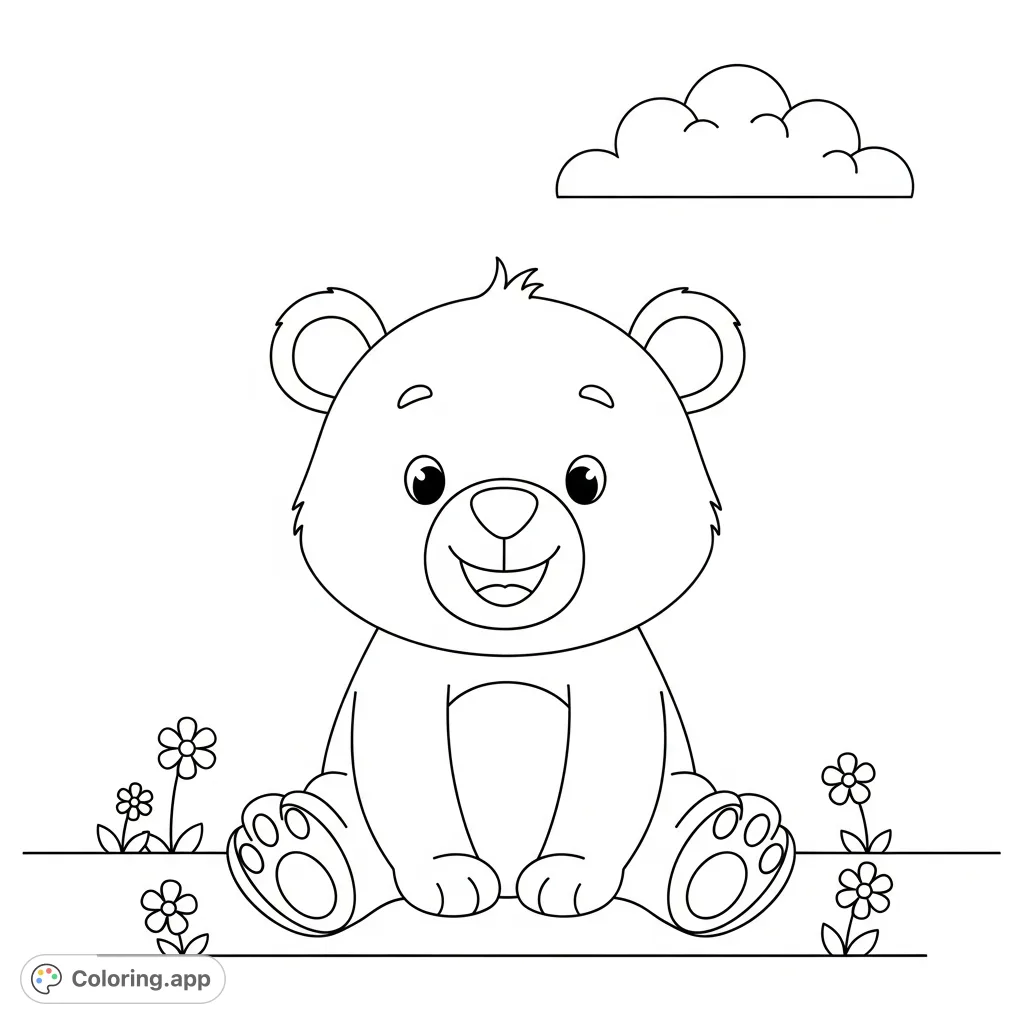 A charming coloring page featuring a happy bear cub sitting amidst simple flowers and a single cloud. Perfect for young artists to explore creativity.